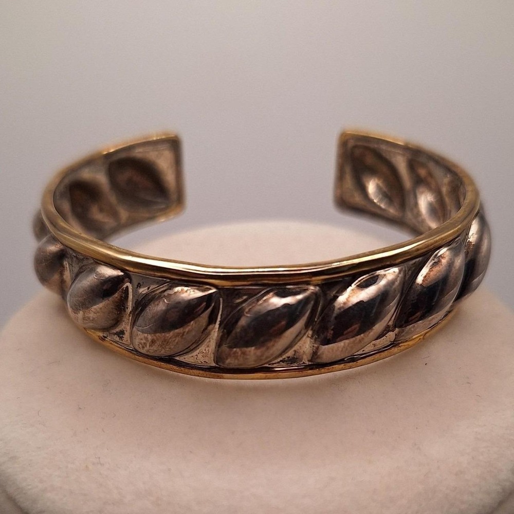 Puffed ribbed two tone cuff bracelet yellow silver tone